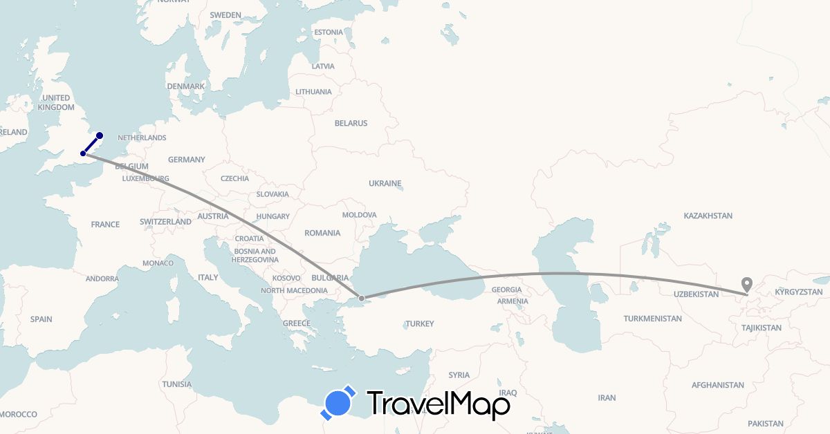 TravelMap itinerary: driving, plane in United Kingdom, Turkey, Uzbekistan (Asia, Europe)